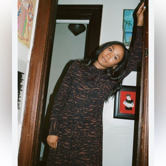 & Other Stories 0 Black Caramel Brown Long Sleeve Pleated Shirt Maxi Dress - Picture 3 of 14